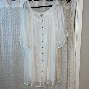 PLUS • Naif white romantic sheer sleeve cover up with buttons, lace and ruffles